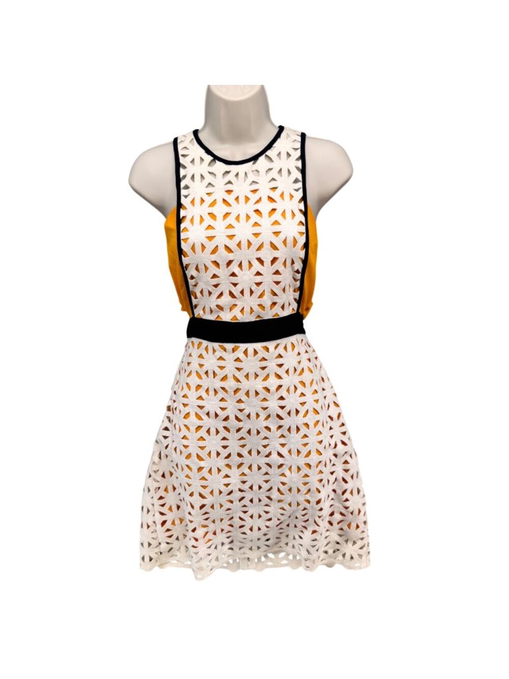 MSGM Macrame Cutout Mini Dress White Yellow Sleeveless Cotton Italian Sz 42 US 6